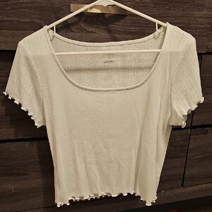 Women’s Cream Ribbed Square-Neck Short Sleeve Top